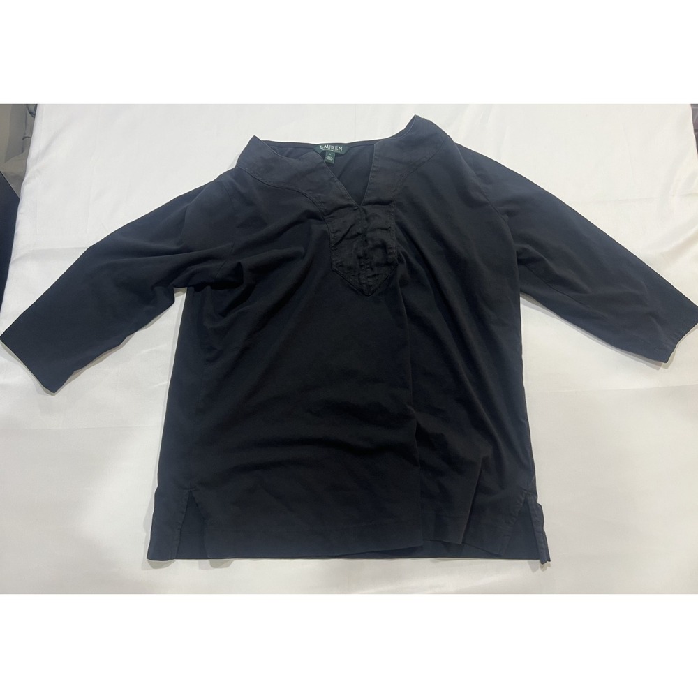 Lauren Ralph Lauren Shirt Womens 1X Black Preppy Casual 100% Cotton 1/2 Sleeve